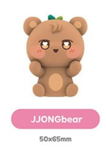 A cute cartoon-style brown bear character with large eyes, pink cheeks, and a small green leaf on its head, shown above a pink label reading 'JJONGbear' and size text '50x65mm' on a white background.