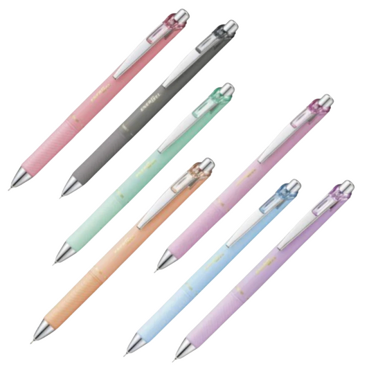 Six retractable mechanical pencils arranged diagonally on a plain white background, shown in pastel pink, gray, mint green, peach, light blue, and lavender colors.