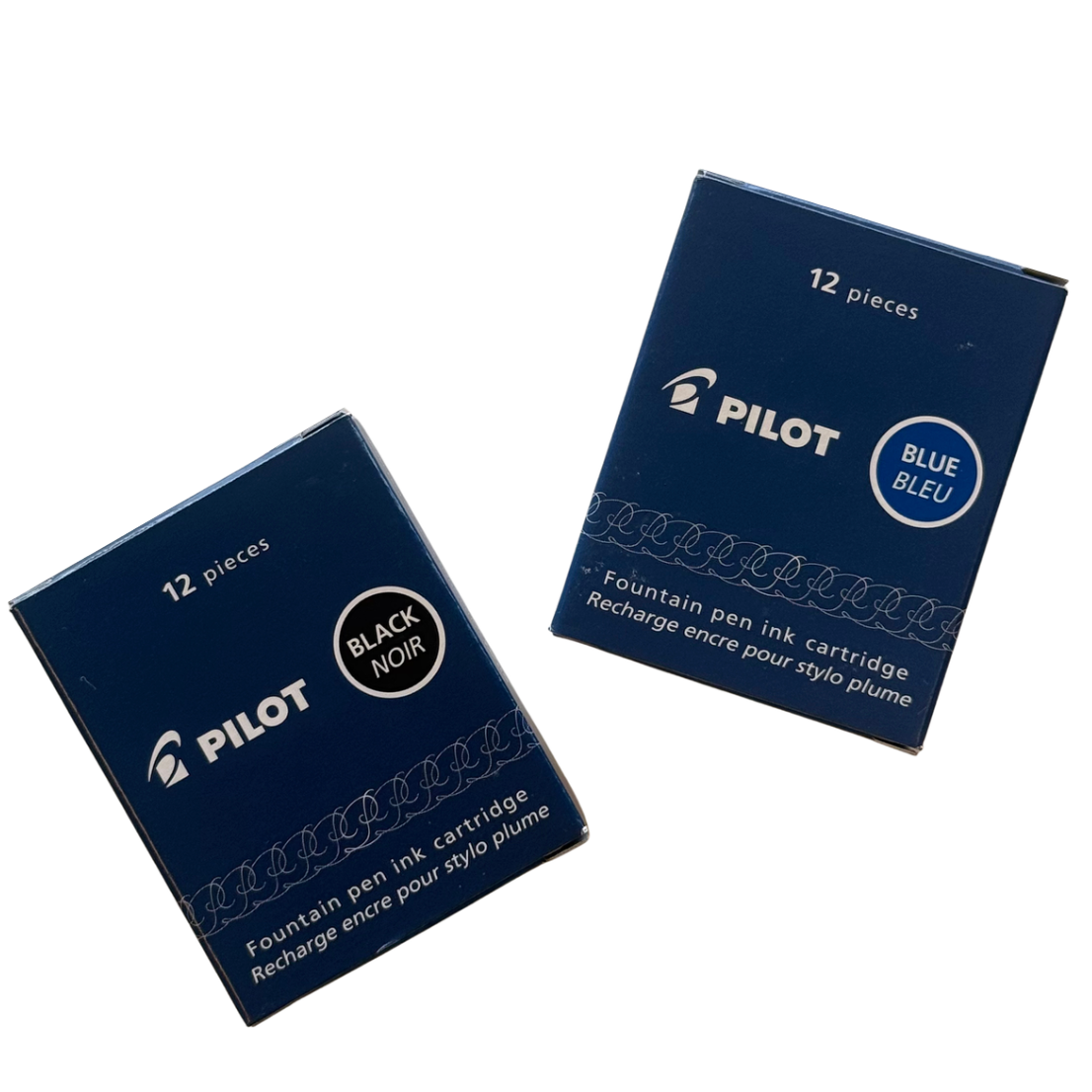 Two blue boxes of Pilot fountain pen ink cartridges on a plain white background, one labeled Black and one labeled Blue Bleu.