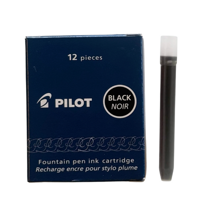 A box of Pilot fountain pen ink cartridges next to a single black ink cartridge, shown on a plain white background.