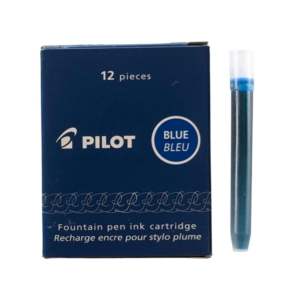 A box of Pilot blue fountain pen ink cartridges next to a single blue ink cartridge on a plain white background.