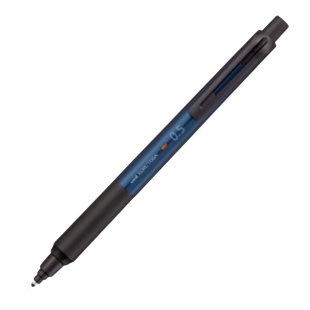 A black and blue retractable pencil with a black clip, shown diagonally on a plain white background.