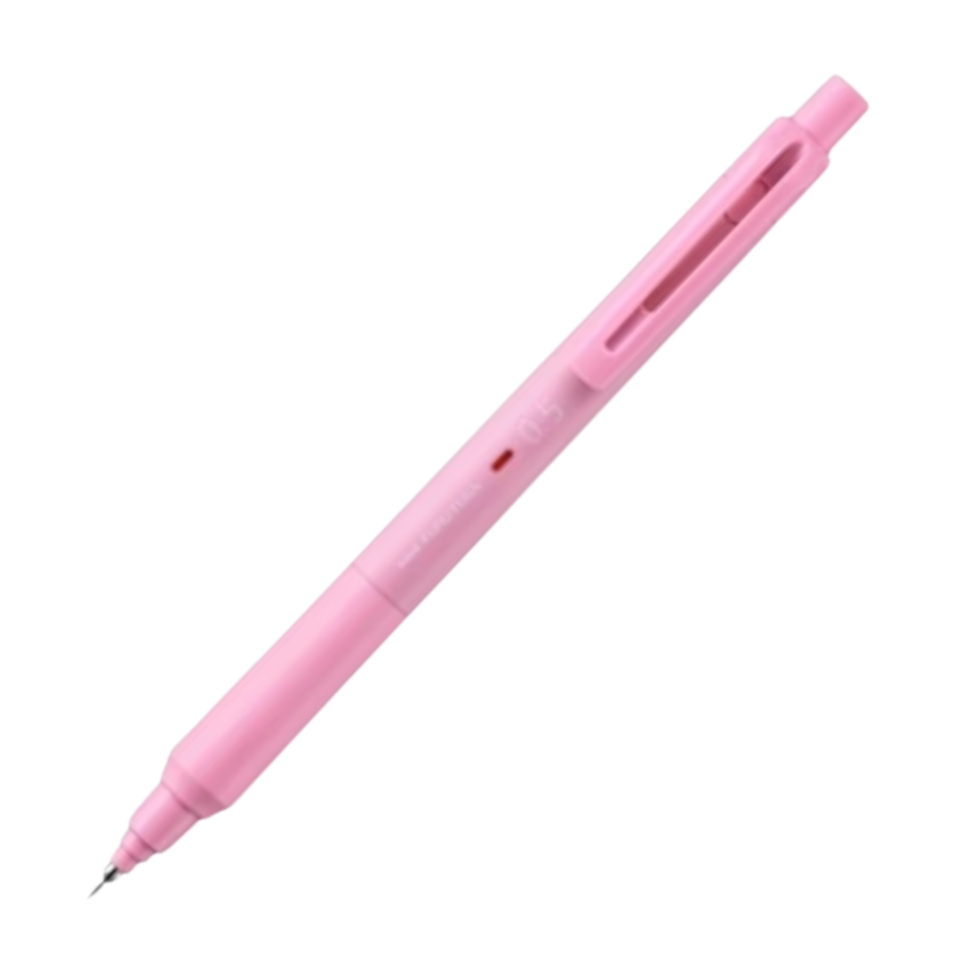 A pink retractable pen with a slim design, shown diagonally on a plain white background.