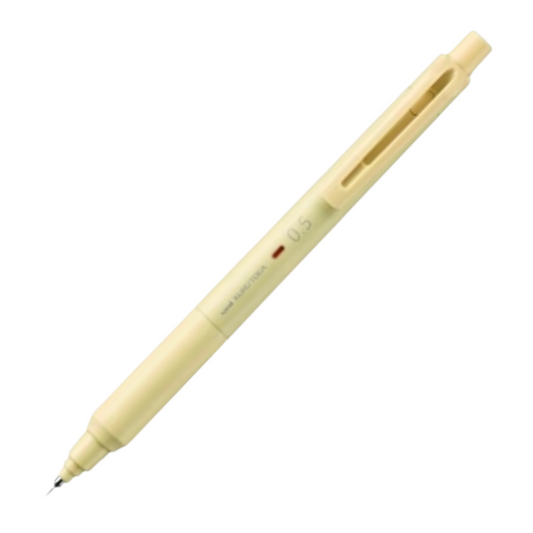 A pale yellow-cream retractable pen with a fine tip, shown diagonally on a plain white background.