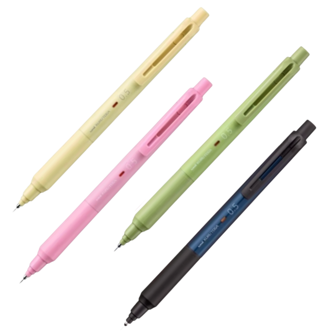 Four retractable gel pens in pastel and dark colors, arranged diagonally on a plain white background. The pen colors are pale yellow, pink, light green, and dark blue/black.