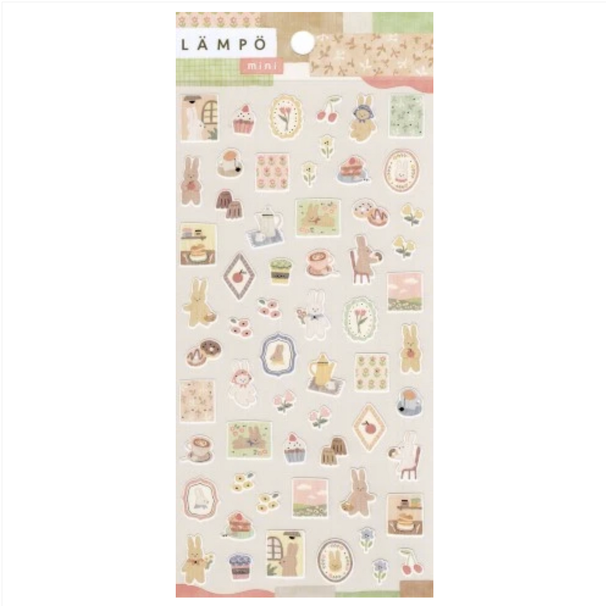 A sheet of Lämpó pastel stickers featuring cute bunny, cupcake, clock, and tea-time illustrations on a cream background.