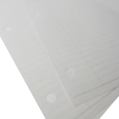 White lined paper sheets with a grid pattern and pre-punched holes, shown stacked at an angle against a white background.