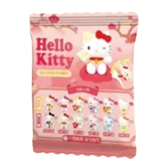A pink Hello Kitty blind bag packaging featuring the Hello Kitty character, cherry blossom illustrations, and a row of small character illustrations along the bottom, isolated on a white background.