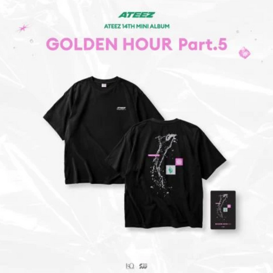 ATEEZ 14th Mini Album 'Golden Hour Part.5' merchandise featuring two black graphic t-shirts (front and back views) and a small black card, displayed on a light gray crinkled background with pink and green text.