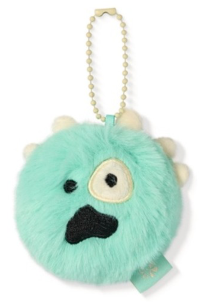 A mint green fuzzy monster keychain charm with a beige ball chain, featuring a surprised face with a large embroidered eye and black mouth, on a white background.