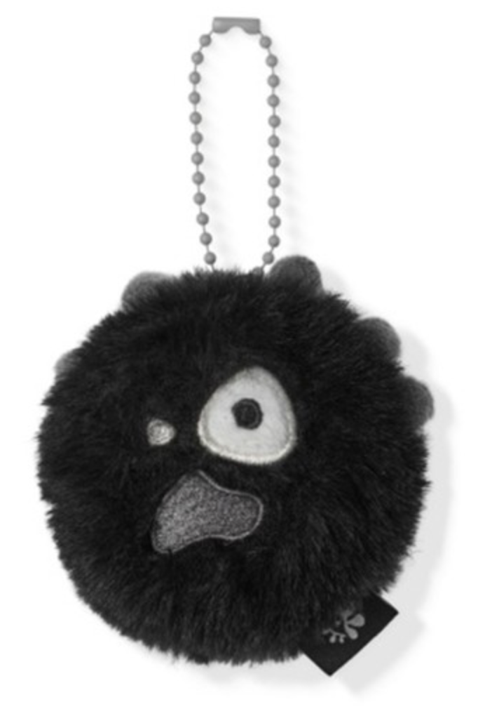A black fluffy monster keychain charm with a gray beaded chain, featuring a large white eye with a black pupil and a gray stitched mouth, shown on a white background.