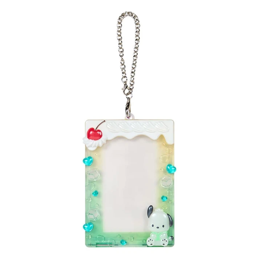 A rectangular acrylic keychain card holder with a silver chain, decorated with a white top border, a red cherry, turquoise heart charms, a small white cartoon dog at the bottom, and a light green gradient base.