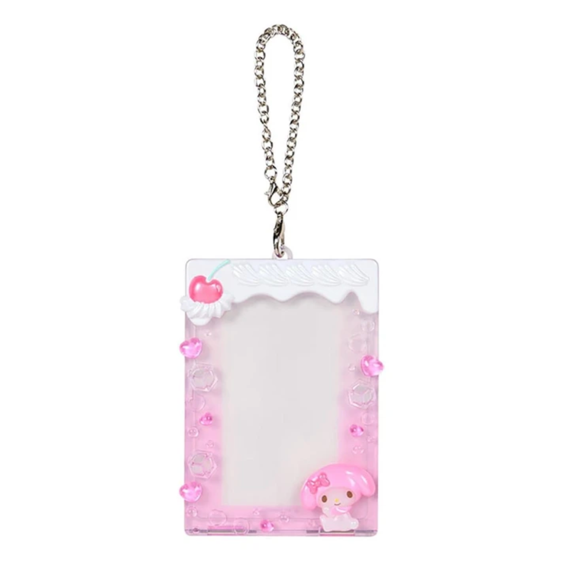 A pink My Melody-themed plastic ID badge holder with a silver chain strap, featuring a white top border, pink heart accents, and a 3D pink My Melody character at the bottom right.