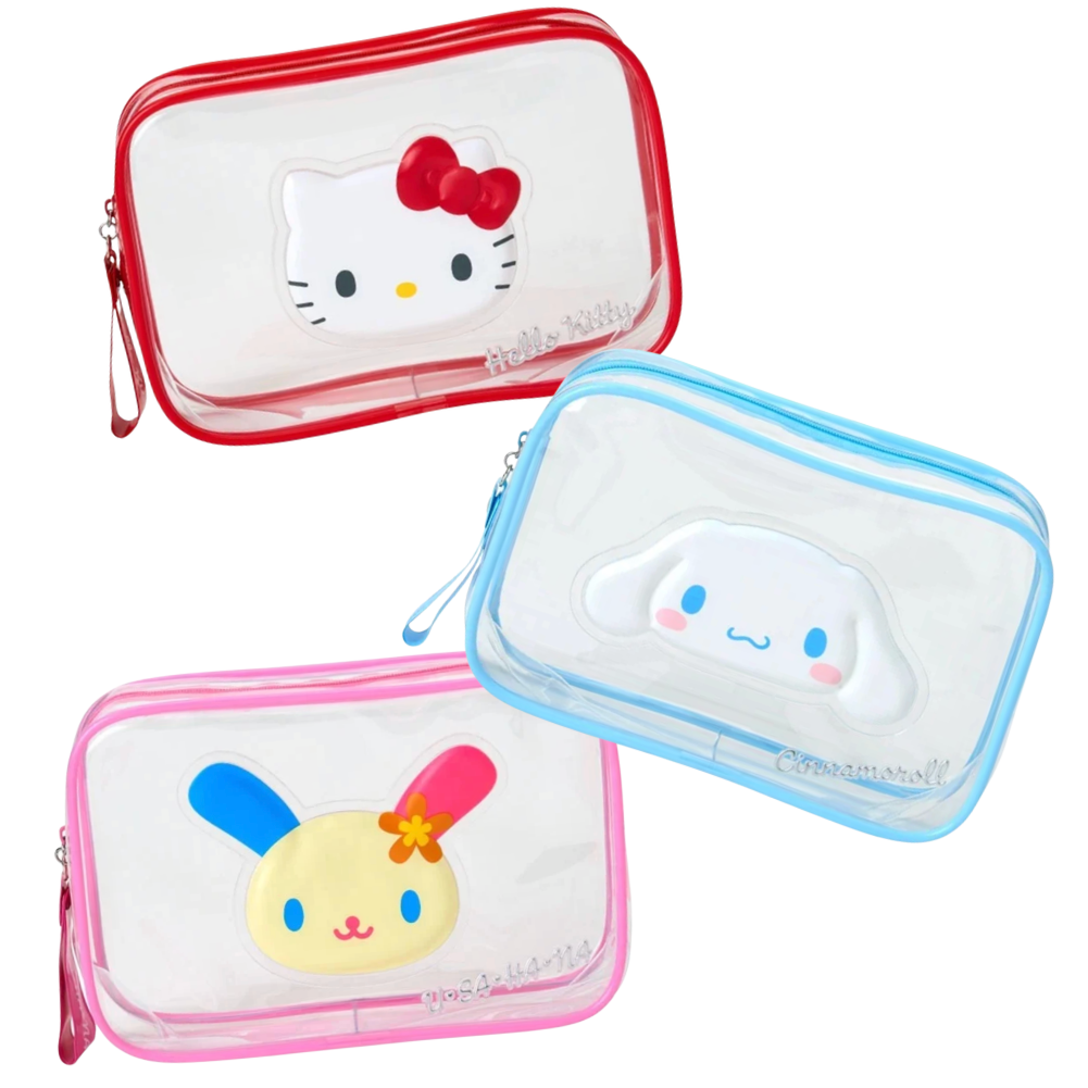 Three clear plastic zippered pouches with rounded corners, each featuring a different cartoon character face: Hello Kitty in red, Cinnamoroll in blue, and Sanrio's other character in pink. The pouches are arranged on a plain white background.