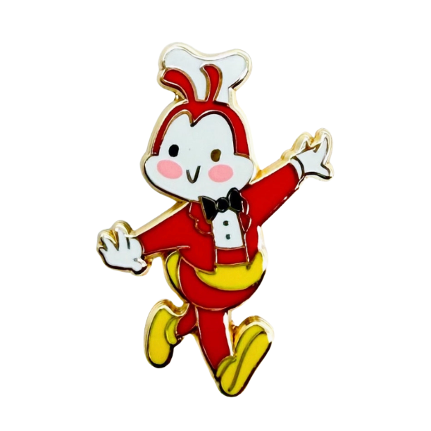 A cartoon bee character enamel pin wearing a red and yellow outfit with white and black details, shown on a plain white background.