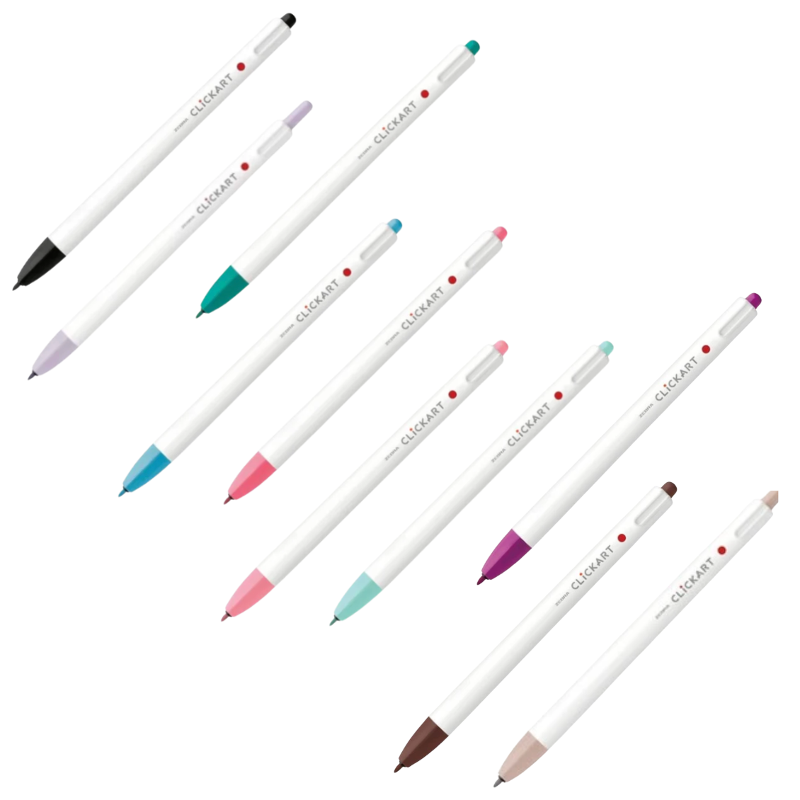 Ten CLiCART gel pens arranged diagonally on a white background, showing different ink colors including black, purple, teal, blue, pink, mint, magenta, brown, and nude.