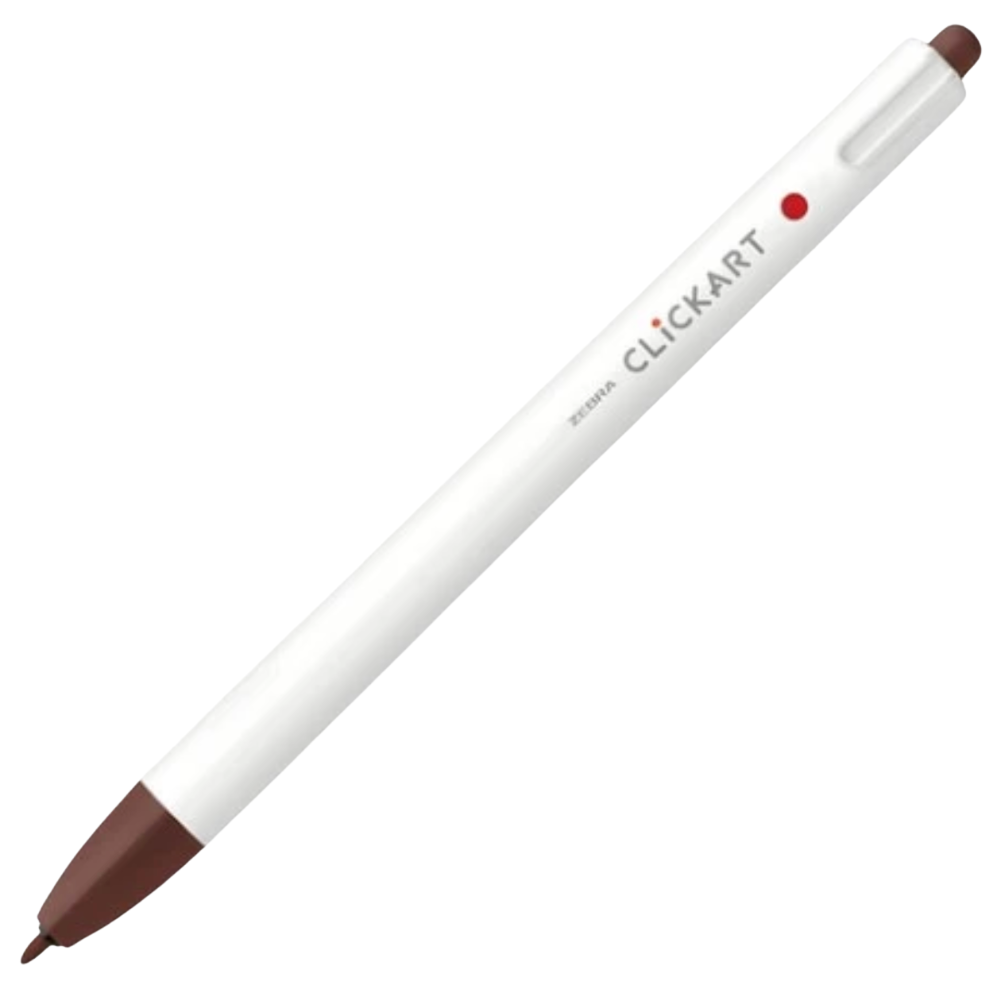 A white stylus pen with brown tips on both ends, featuring the brand name 'CLICKART' and a small red dot logo printed on the side, set against a plain white background.
