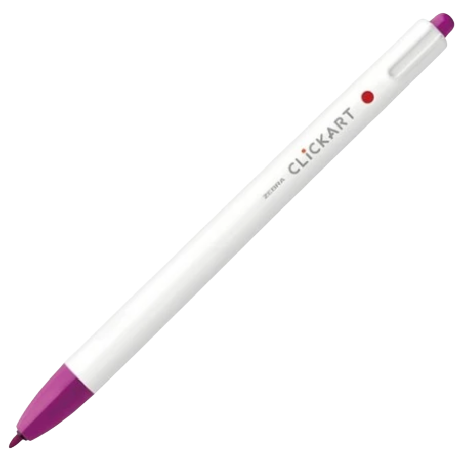 A white ClickArt stylus pen with purple accents on the tip, cap, and top button, featuring the ClickArt logo printed on the barrel.