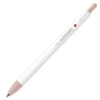 A white Clickart retractable pen with beige plastic end caps and a small red indicator dot, shown diagonally on a plain white background.