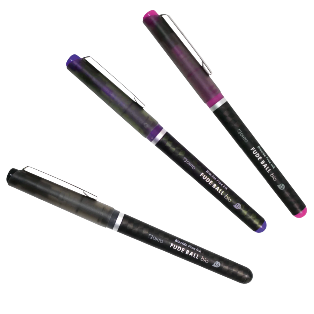 Three Podo Ball Uni ball fine tip gel pens with black barrels, shown diagonally on a white background. One pen has a purple cap and purple ink, one has a pink cap and pink ink, and one has a blue cap and blue ink.