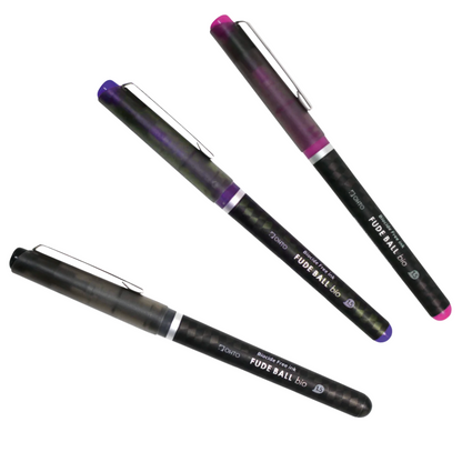Three Podo Ball Uni ball fine tip gel pens with black barrels, shown diagonally on a white background. One pen has a purple cap and purple ink, one has a pink cap and pink ink, and one has a blue cap and blue ink.