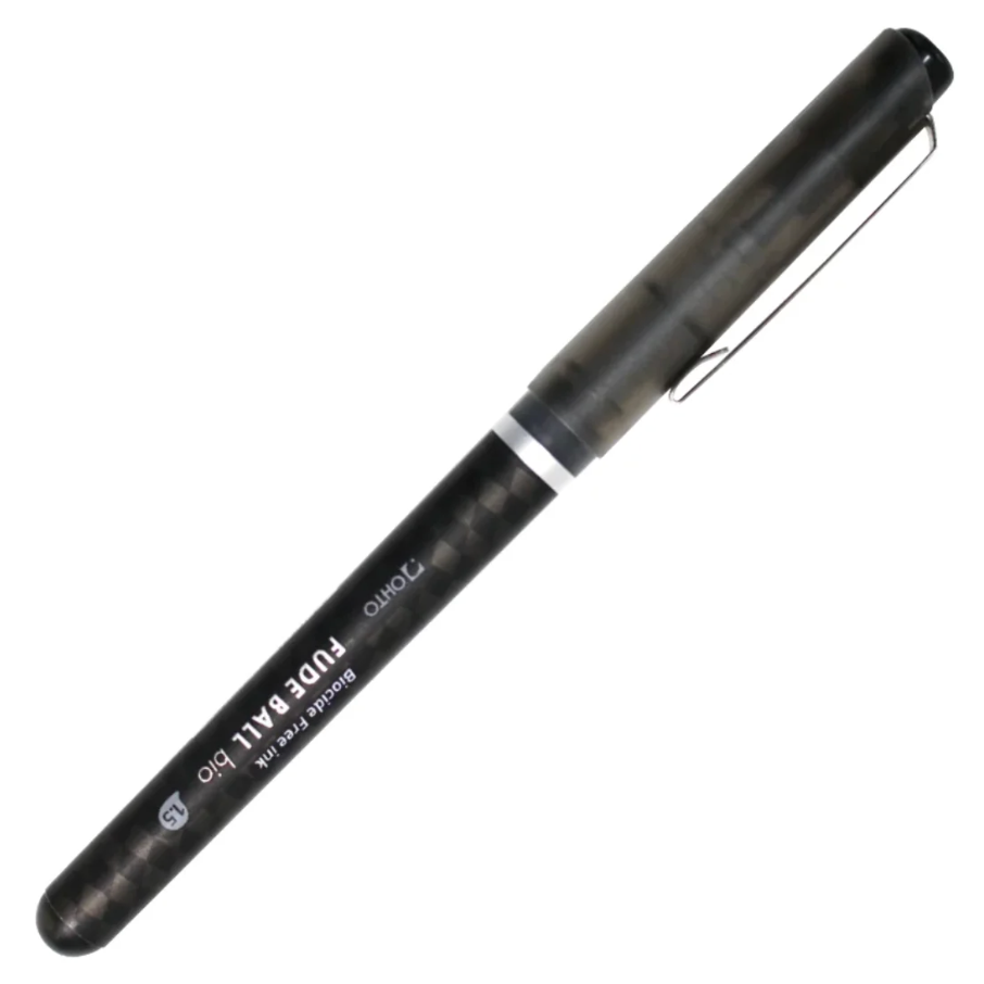 A black ballpoint pen with a translucent dark gray cap, featuring white printed text that reads 'FUDE BALL bio' and '1.5', shown on a plain white background.
