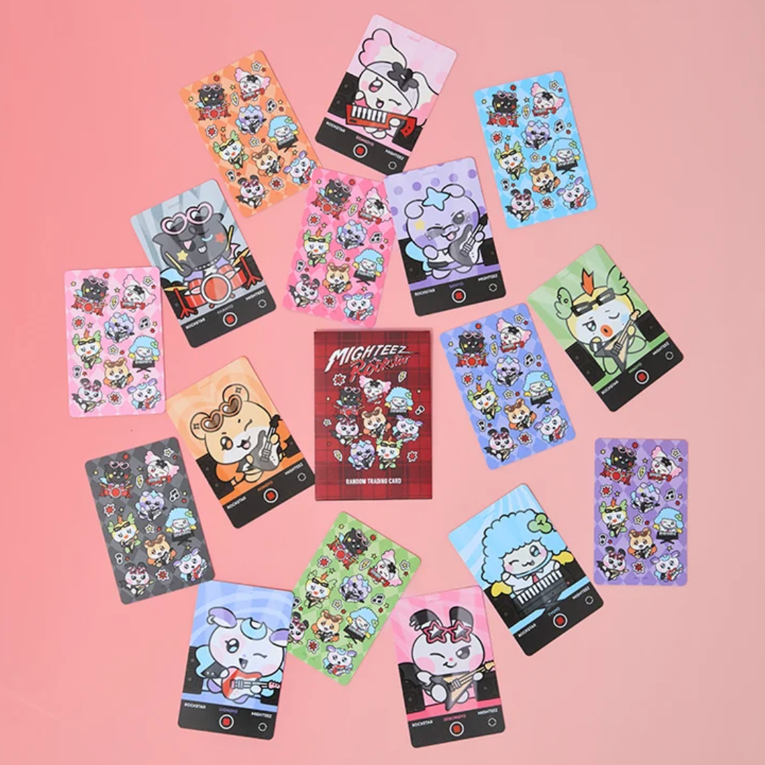 Seventeen cute cartoon character stickers arranged in a circle on a solid pink background, with a central red card featuring the text 'MIGHTEEZ'.