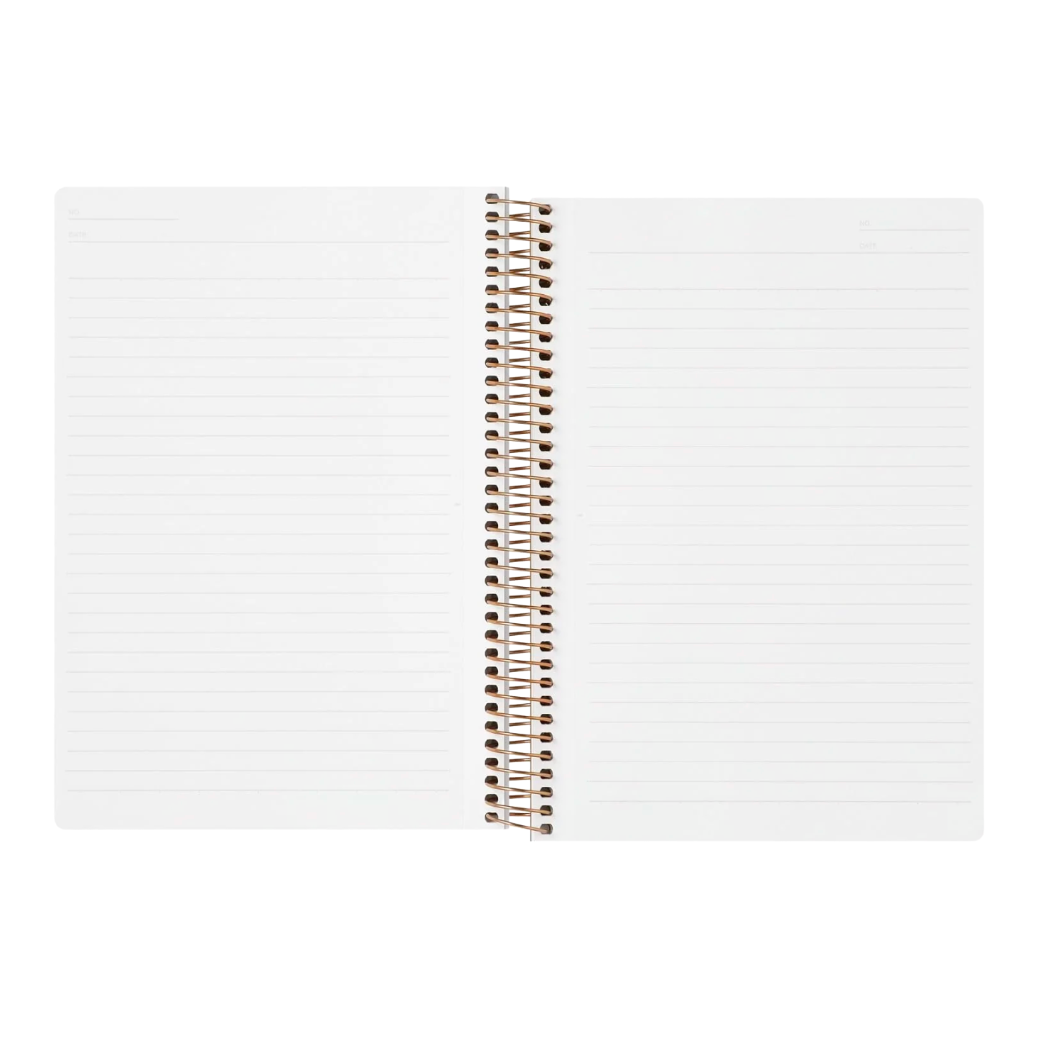 An open white ruled spiral notebook with a brown wire coil binding, shown against a plain white background.