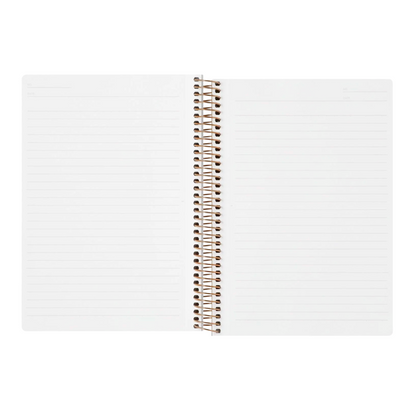 An open white ruled spiral notebook with a brown wire coil binding, shown against a plain white background.