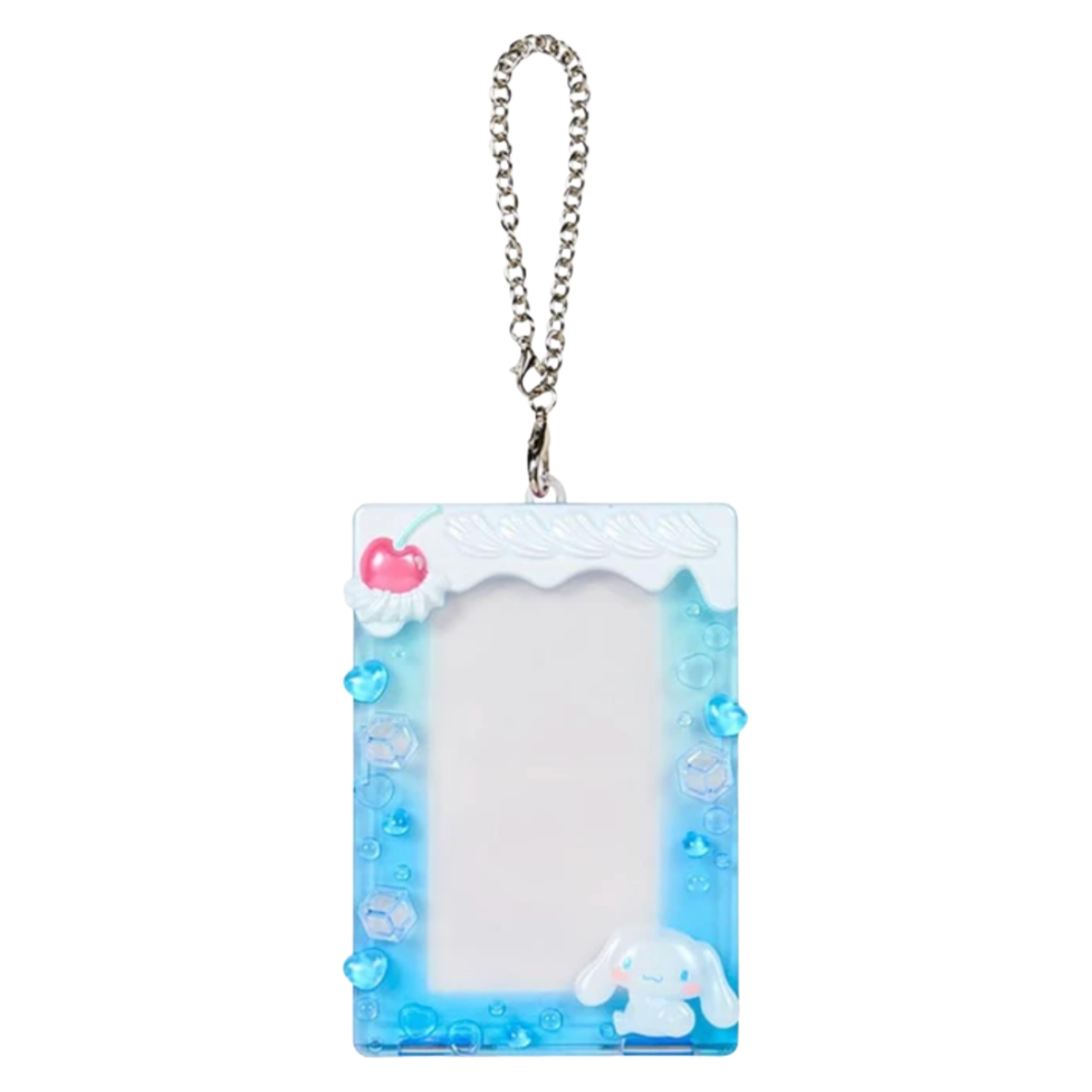 A square acrylic photo frame keychain in light blue and white, featuring a Cinnamoroll character at the bottom, a pink cherry at the top left, and a silver metal chain loop, shown on a plain white background.