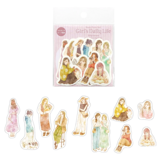 A set of die-cut stickers featuring illustrated women in pastel daily-life outfits, shown both inside their clear retail packaging at the top and arranged individually below on a white background.