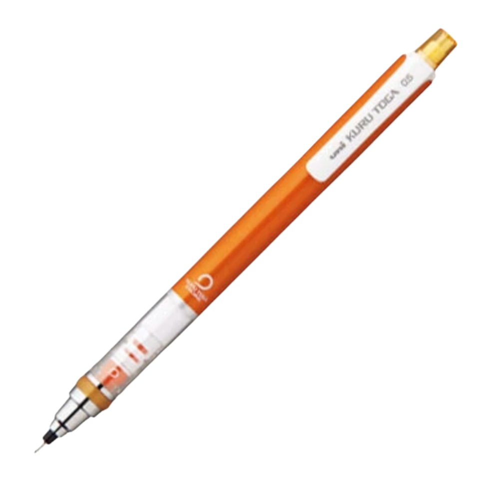 A Kuru Toga 0.5 mechanical pencil with an orange body, white label, and gold end caps, shown diagonally on a plain white background.