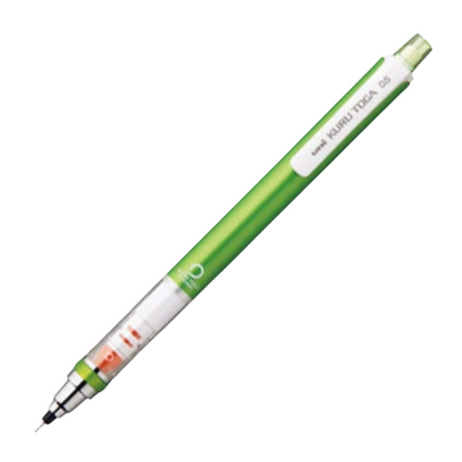A Uni mechanical pencil with a green barrel, clear grip, shown diagonally on a plain white background.
