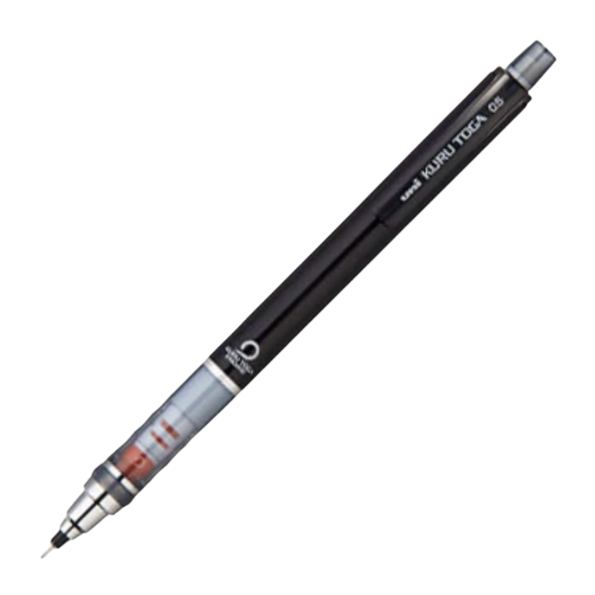 A Uni mechanical pencil with a black barrel, silver grip, and tip, shown diagonally on a plain white background.