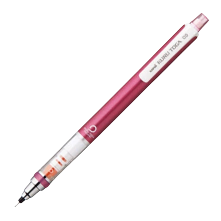 A Uni mechanical pencil with a pink barrel, clear grip, shown diagonally on a plain white background.
