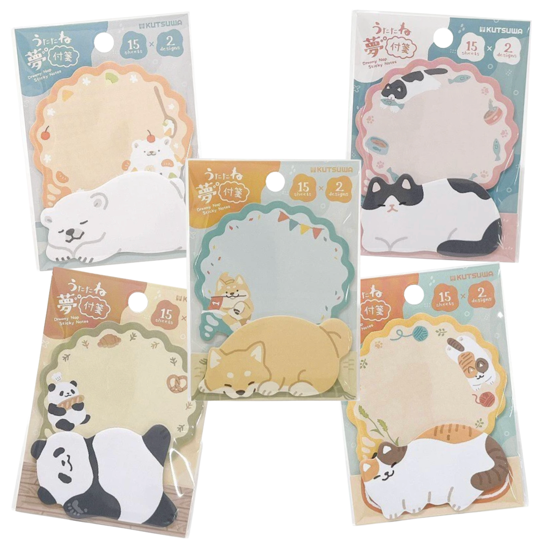 Five packages of cute animal-themed sticky notes arranged on a white background. The packages feature illustrations of various animals including a polar bear, a dino, a shiba tzu, a panda, a cat, and a turtle, with pastel colors and Japanese text.