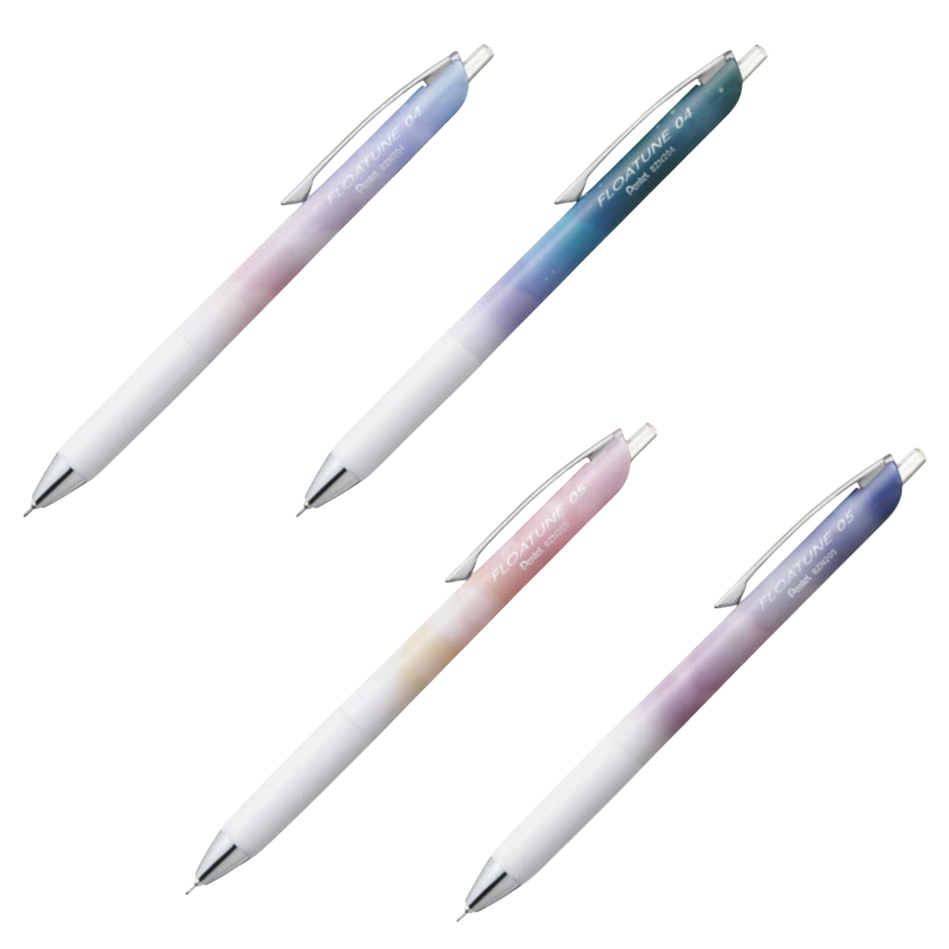 Four pastel gradient retractable ballpoint pens arranged diagonally on a plain white background. The pens have white bodies with soft transitions of blue, purple, pink, and green, and each has a silver metal clip and tip.