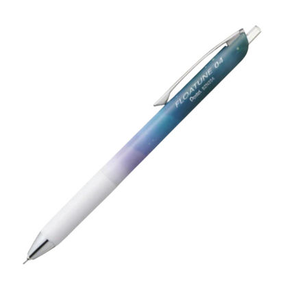 A retractable ballpoint pen with a white barrel fading into a blue-to-purple gradient near the clip, shown diagonally on a plain white background. 