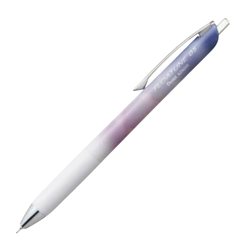 A single retractable ballpoint pen shown diagonally on a plain white background. The pen has a white body that fades into a soft lavender-purple and then a cool blue at the cap, with a silver metal clip and tip.
