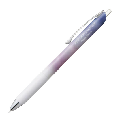 A single retractable ballpoint pen shown diagonally on a plain white background. The pen has a white body that fades into a soft lavender-purple and then a cool blue at the cap, with a silver metal clip and tip.