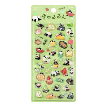 A package of cute panda-themed stickers on a light green backing card, displayed against a white background. The package contains multiple small stickers featuring pandas, bamboo, watermelons, and food items.