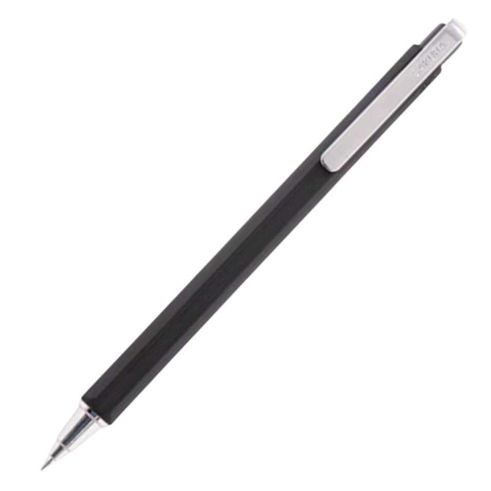 A black retractable ballpoint pen with a silver metal clip and tip, shown diagonally on a plain white background.