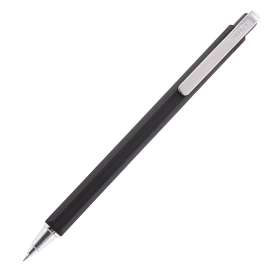 A black retractable ballpoint pen with a silver metal clip and tip, shown diagonally on a plain white background.