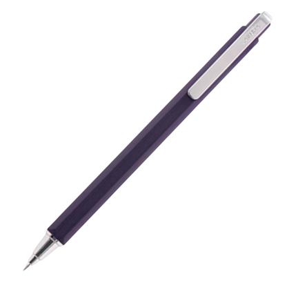 A dark purple retractable ballpoint pen with a silver metal clip and tip, shown diagonally on a plain white background.