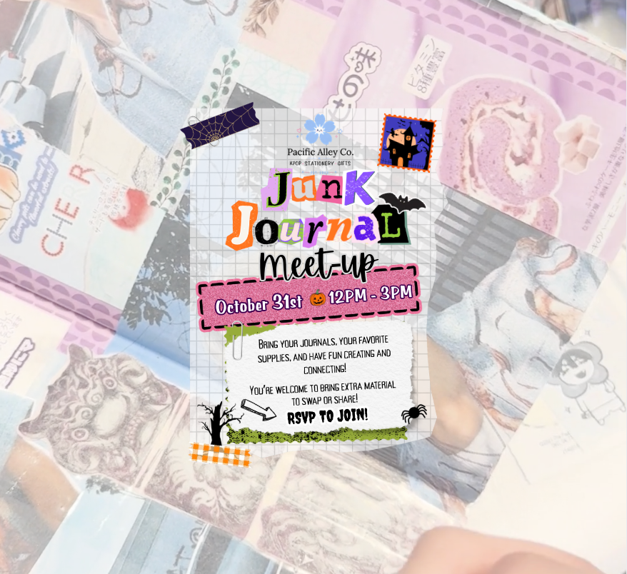A rectangle Halloween themed invitation with logo for Pacific Alley Co with a pumpkins, bats, and decorative illustrations. The center reads 'Junk Journal Meet-Up October 31st 12PM-3PM. With other text'