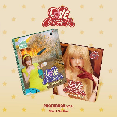 Album cover with 'Love Catcher' and 'PHOTOBOOK ver.' text on a beige background with star patterns.