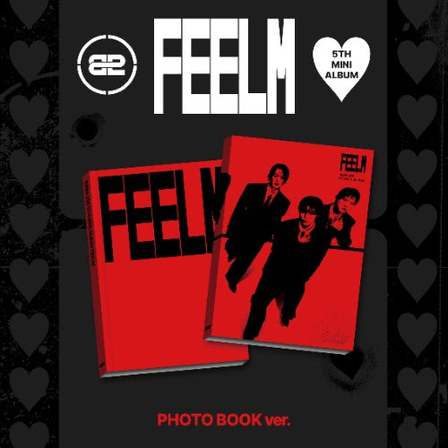 picture of album cover of KPOP group 82major 5th mini album FEEL M photobook version.  cover is red with the members and picture has black background