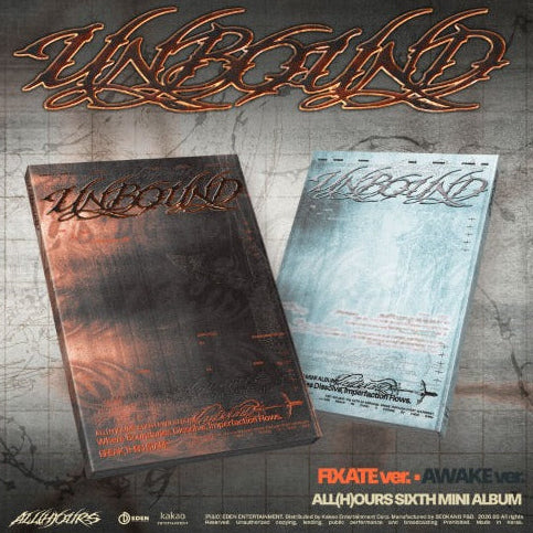 Album cover for Unbound's 'All Hours 6th Mini Album' featuring two physical CD cases shown at an angle against a textured gray background. One case has a copper/bronze finish with the Unbound logo, and the other has a light blue/gray finish with 'AWAKE ver.