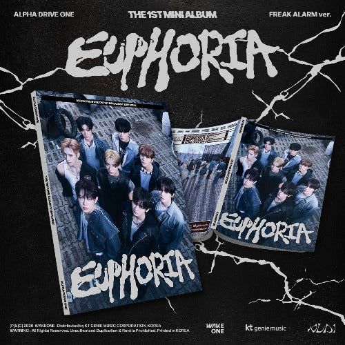 Album cover for 'Euphoria' with group photo and text on a dark background