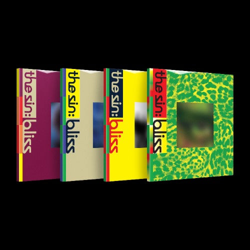 Four overlapping square album-style covers or book-like packages on a black background, each with vertical text reading 'the sin: bliss' and different cover colors: magenta, cream, yellow, and green with yellow spots. The center covers are blurred.